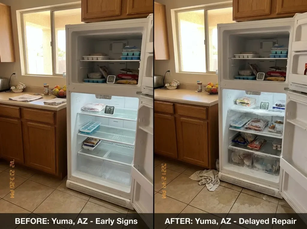Before and after delayed freezer repair showing food spoilage and water damage in Yuma AZ