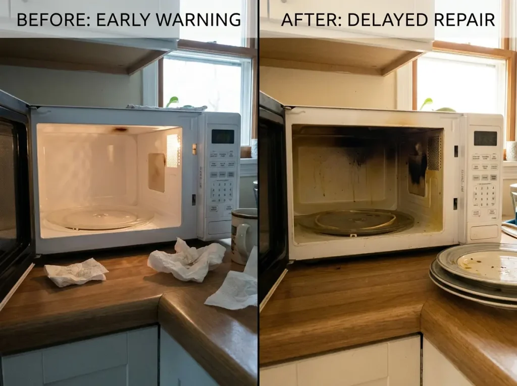 Before and after delayed microwave repair showing internal damage and burn marks in Yuma AZ