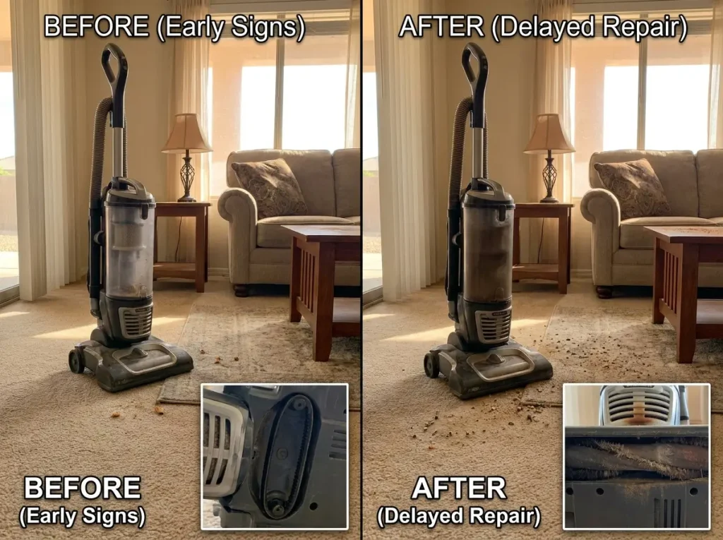 Before and after delayed vacuum repair showing motor damage and poor suction in Yuma AZ