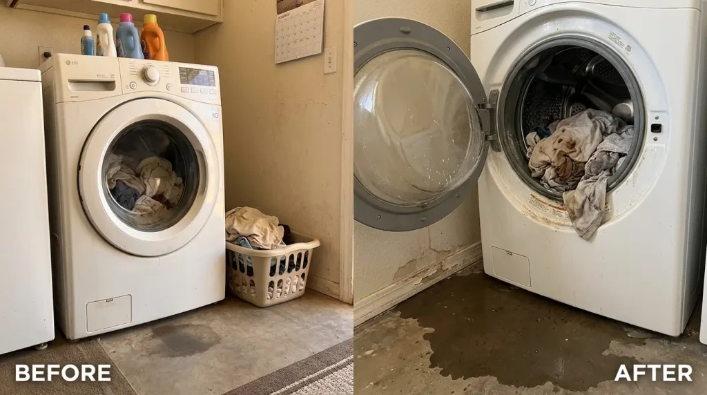 Before and after delayed washing machine repair showing leaks dirty clothes and damage in Yuma AZ