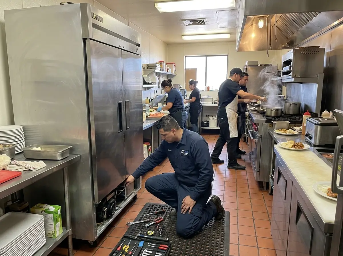 Commercial appliance repair technician working in restaurant kitchen in Yuma AZ