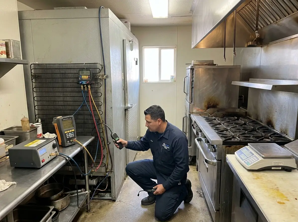 Technician using commercial appliance repair tools in restaurant kitchen in Yuma AZ