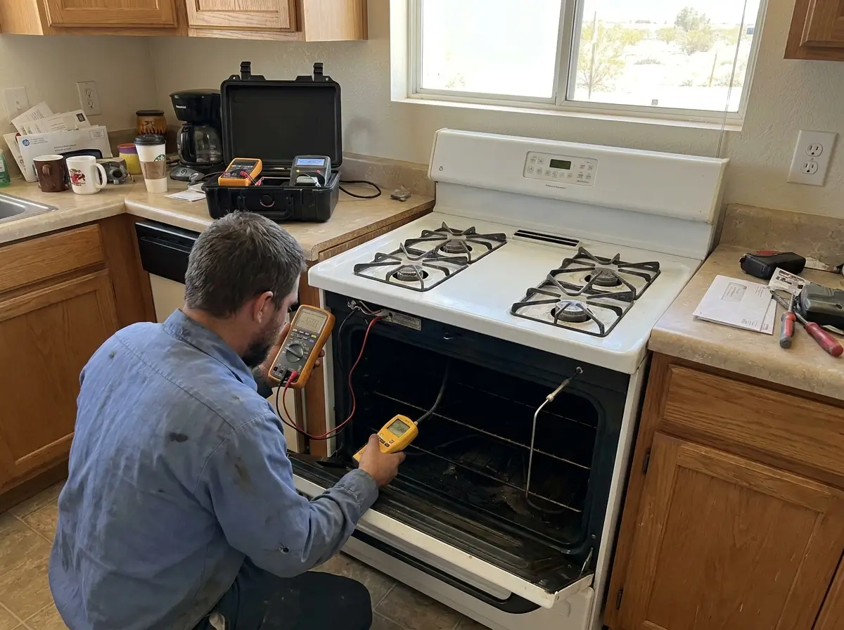 Technician using professional tools to diagnose oven and stove issues in Yuma AZ