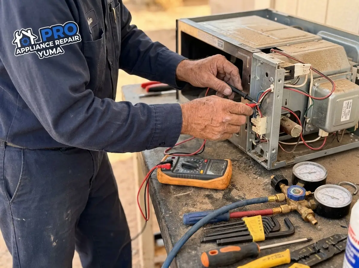 Technician using small appliance repair tools including multimeter and pressure gauge in Yuma AZ