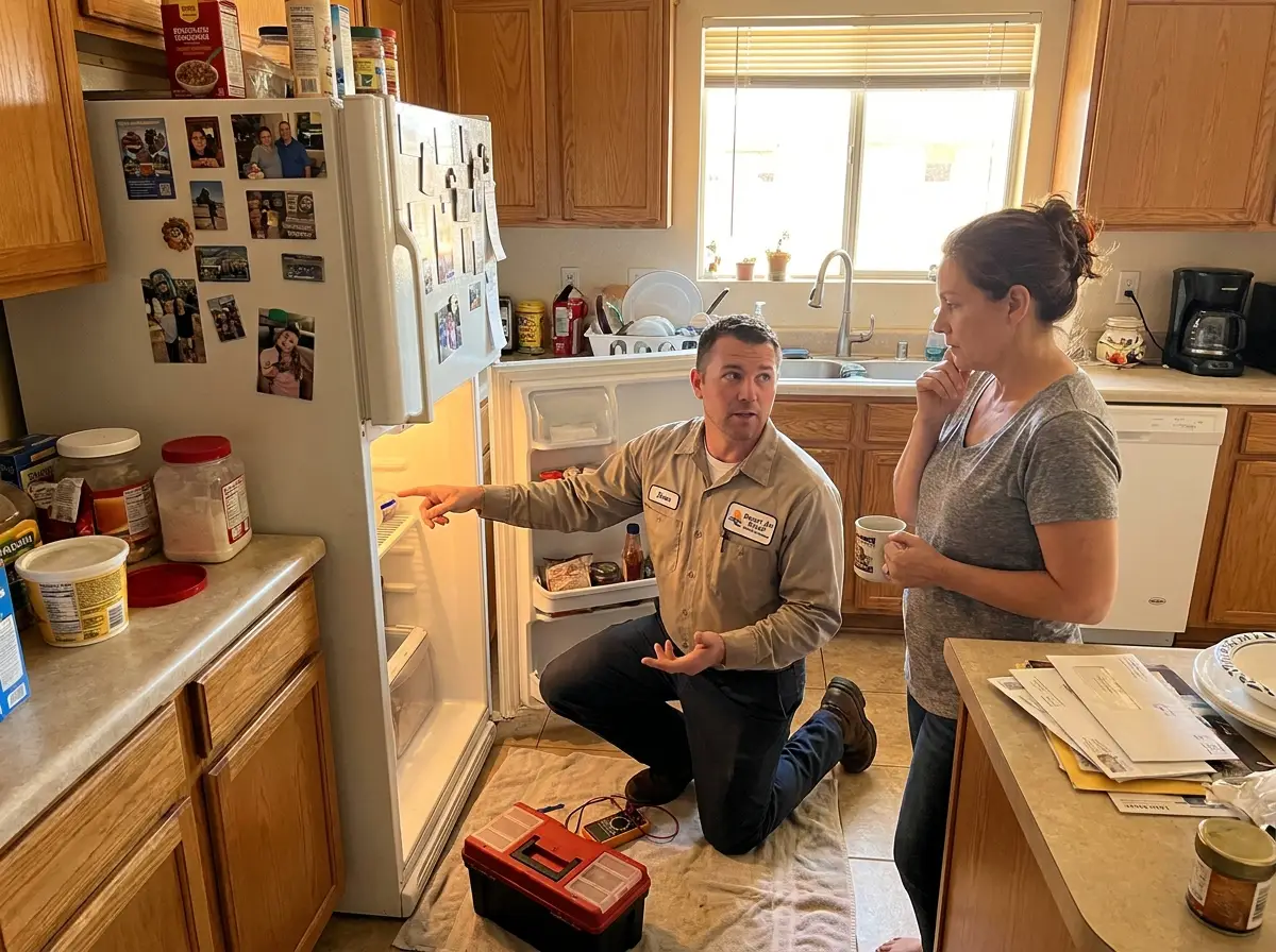 Trusted freezer repair technician helping homeowner in Yuma AZ kitchen