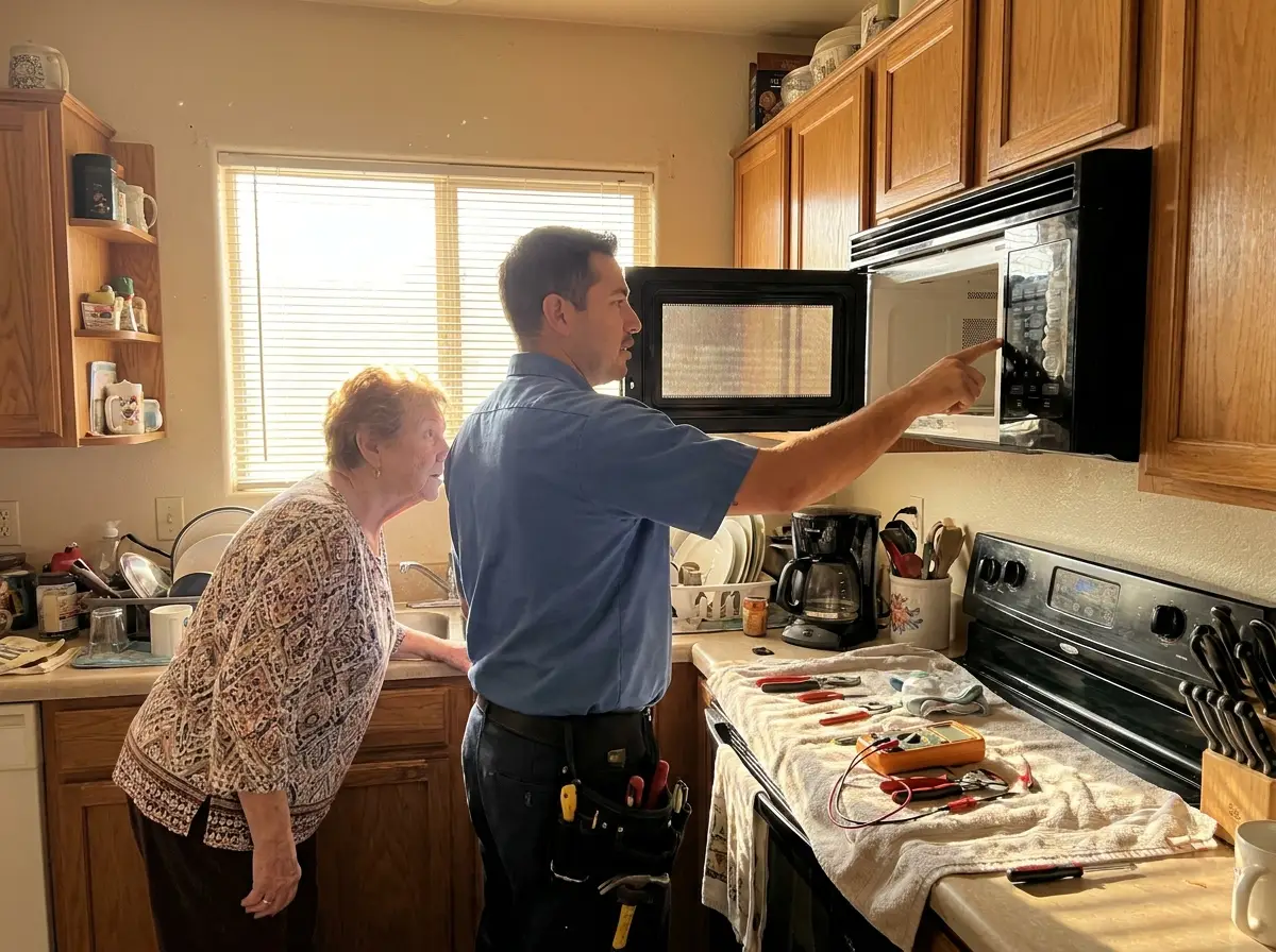 Trusted microwave repair technician explaining repair to homeowner in Yuma AZ