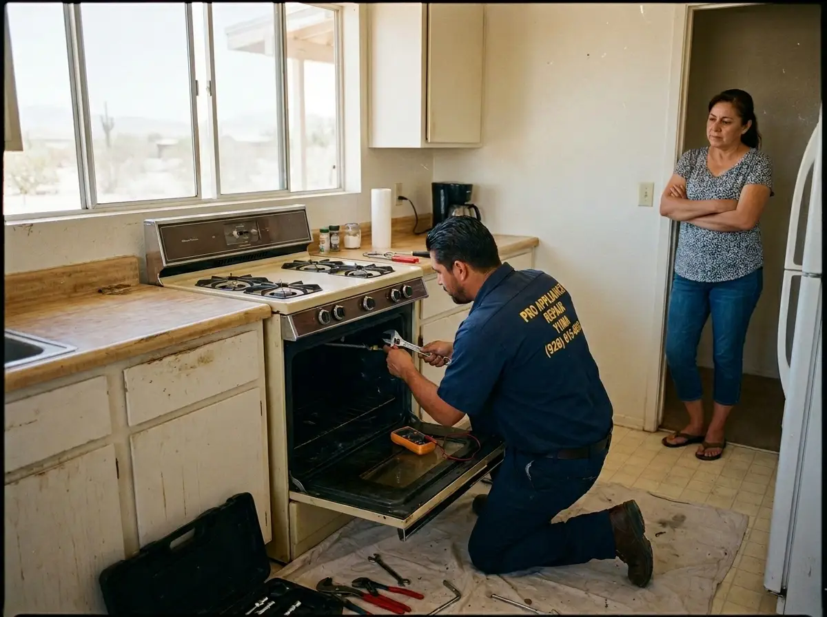 Trusted oven and stove repair technician helping homeowner in Yuma AZ kitchen